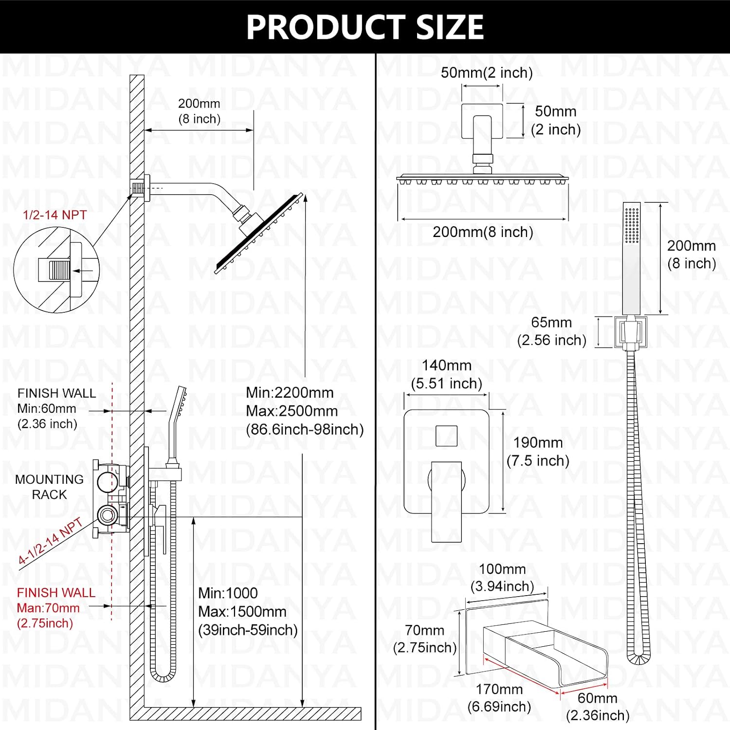 Midanya Rain Shower System Tub Shower Faucet Set Square Rainfall Waterfall Shower Head with Handheld Sprayer Tub Spout Combo Wall Mounted bathtub faucet set Rough-in Valve, 8 Inch Matte Black