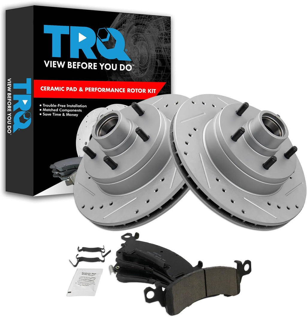 TRQ Performance Front Brake Pad and Rotor Set Ceramic Drilled Coated Rotors Compatible with 91-96 Buick Roadmaster Chevrolet Caprice 94-96 Impala 91-92 Oldsmobile Custom Cruiser Cadillac Brougham