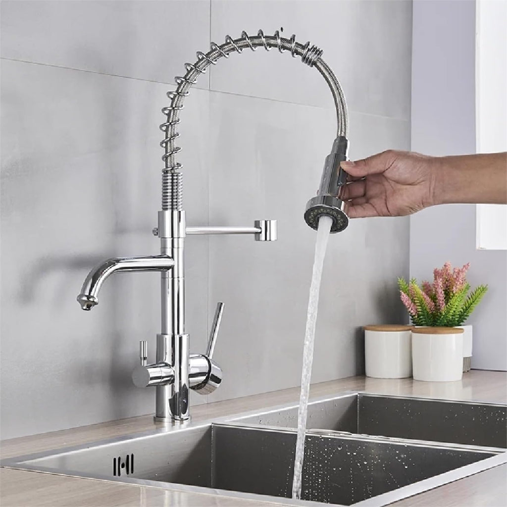 Kitchen Water Filter Faucet Dual Spout Filter Drinking Water Mixer Tap Rotation Taps(Chrome)