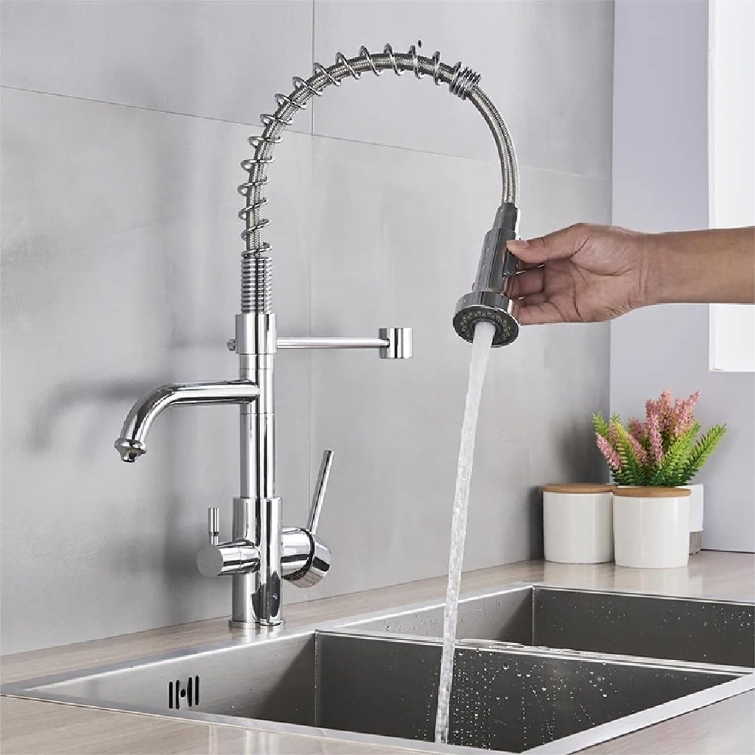 Kitchen Water Filter Faucet Dual Spout Filter Drinking Water Mixer Tap Rotation Taps(Chrome)