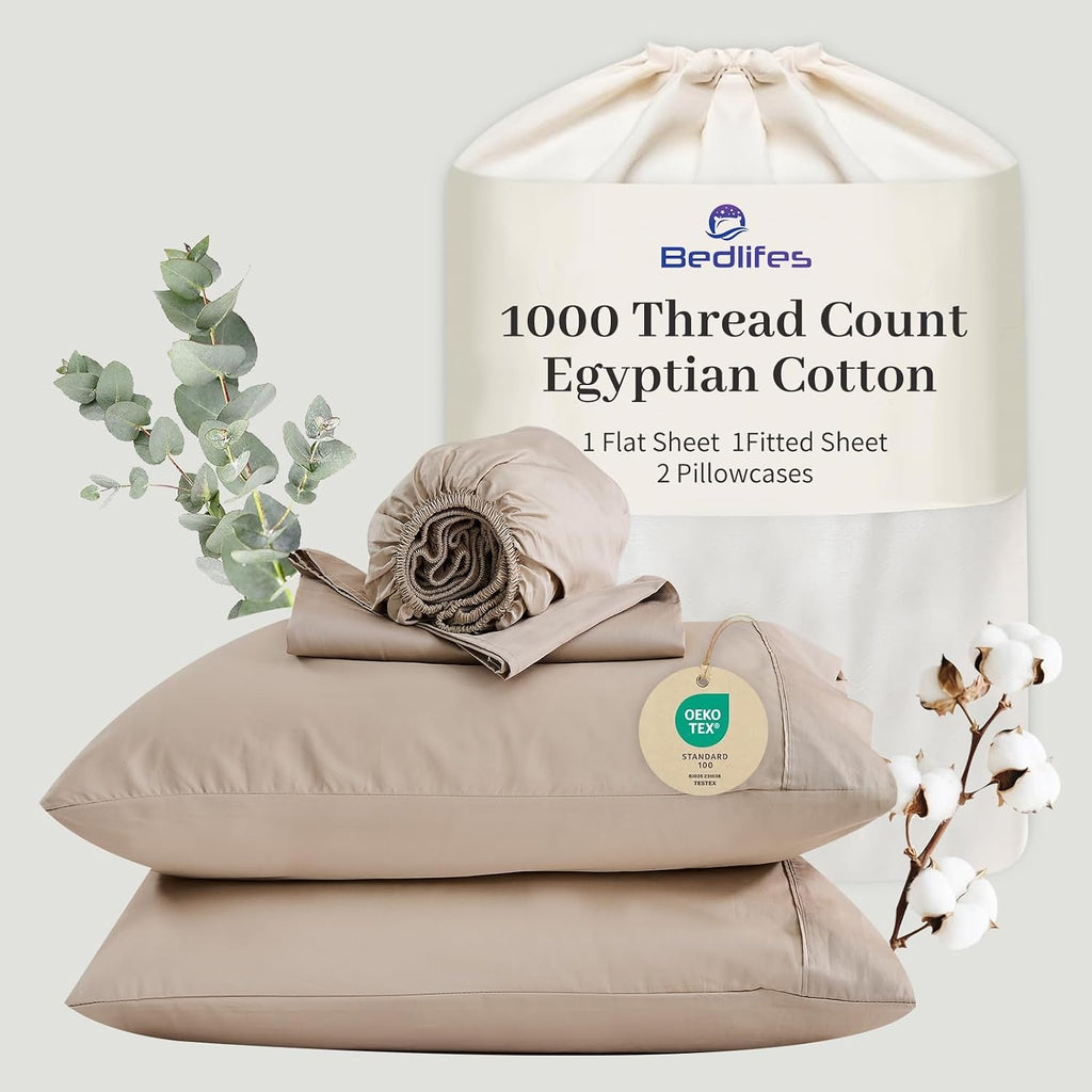 Bedlifes Egyptian Cotton Sheets 1000 Thread Count California King Size, 4-Piece 16' Deep Pocket - Cooling & Breathable Ultra Soft Bedding for Hotel Comfort (Linen)