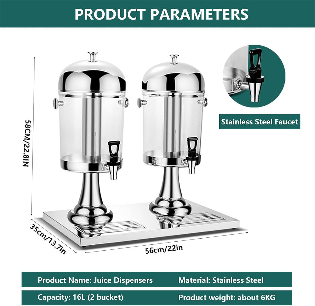 Commercial Juice Dispensers with Tap - Self-Service Beverage Dispenser Double Cold Drink Dispenser with Ice Container - Hot and Cold Dual-Purpose - 2 Bucket,go，Silver