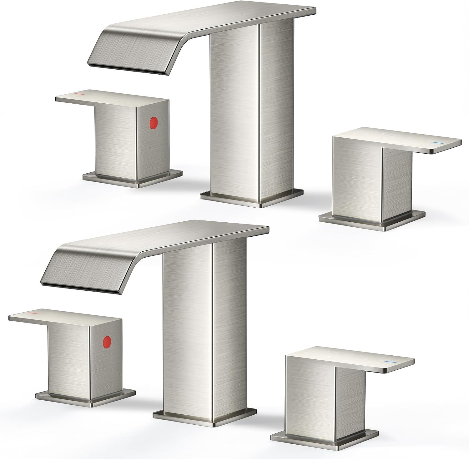 FORIOUS Widespread Bathroom Sink Faucet 3 Hole Brushed Nickel, 2 Handles Waterfall Bathroom Faucet with Metal Pop-up Drain and 24' Hot and Cold Water Hoses, Suitable for Vanity RV Restroom, 2 Pack