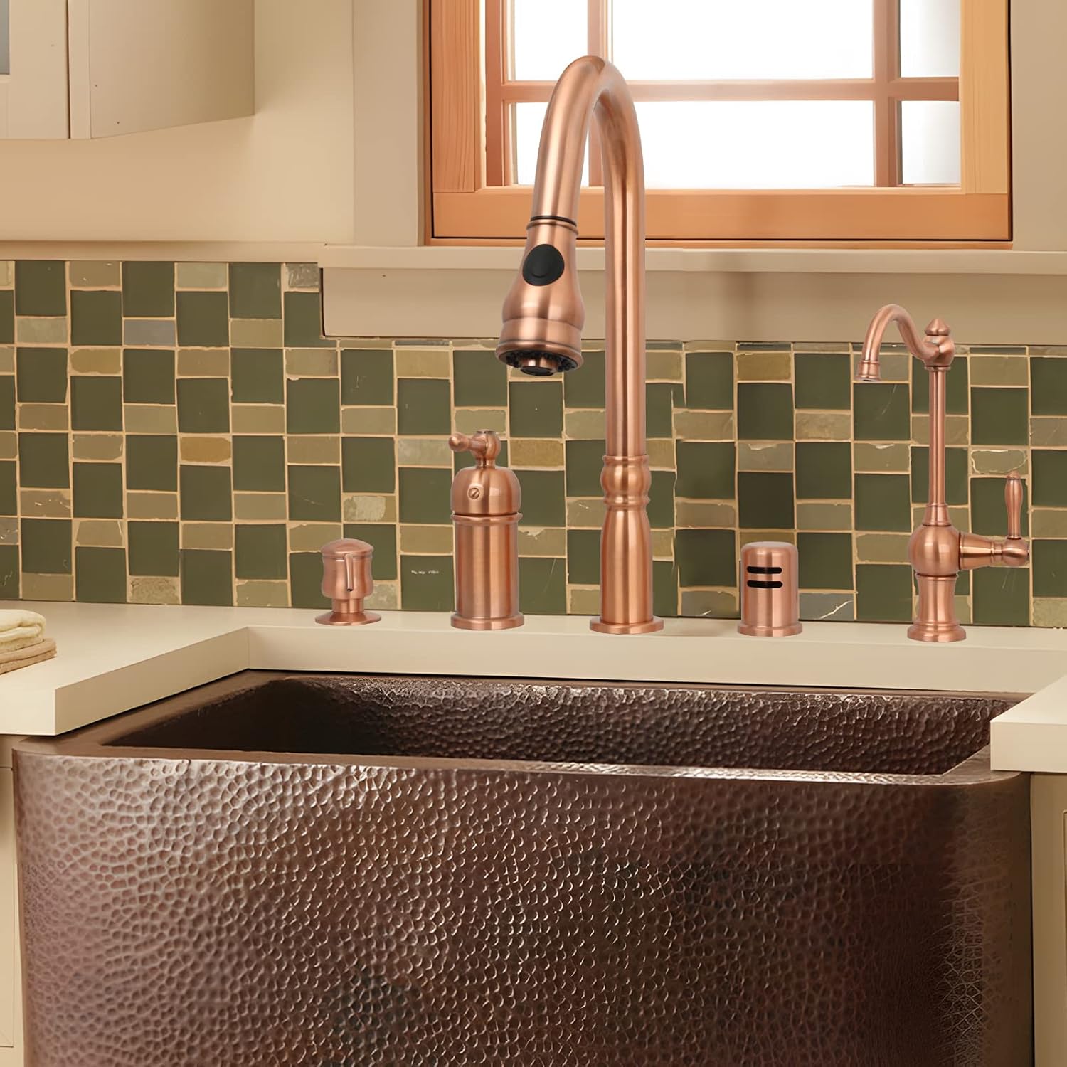 Akicon Copper Kitchen Faucet with in-Deck Handle and Soap Dispenser, Single Handle Solid Brass High Arc Pull Down Sprayer Head Kitchen Sink Faucet AK97918