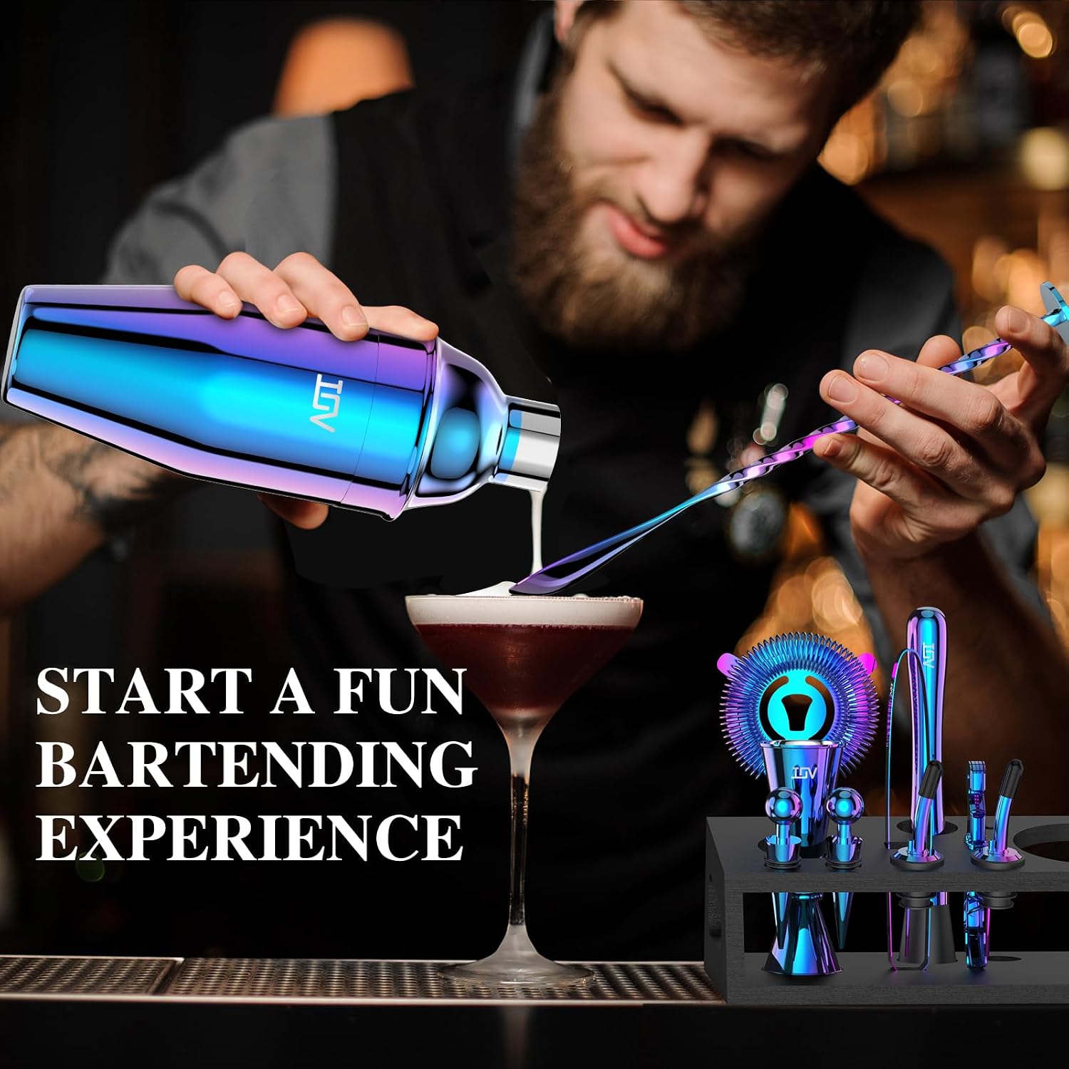 IOV Ice Bucket Set | Cocktail Shaker Bar Set | Mixology Bartender Kit with Stand | 3 L Stainless Steel Double Wall Ice Bucket with Lid, Scoop, Tongs, and Strainer, 12-Piece 24oz Martini Shaker Set