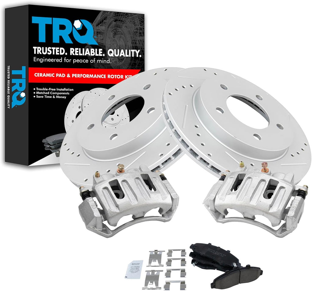 TRQ Performance Front Brake Pad and Rotor Set Ceramic Vented Drilled Slotted Coated Rotors Calipers Compatible with 1997-2001 Ford F-150