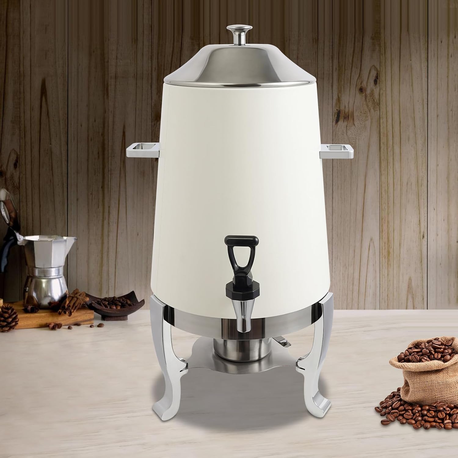 Coffee Urn With Fuel Holder, 3.5 Gallon/13L Stainless Steel Beverage Dispensers for Coffee Tea Hot Water, Hot Drink Dispenser with Stand, Chafer Urn with Spigot for Parties Catering (White)