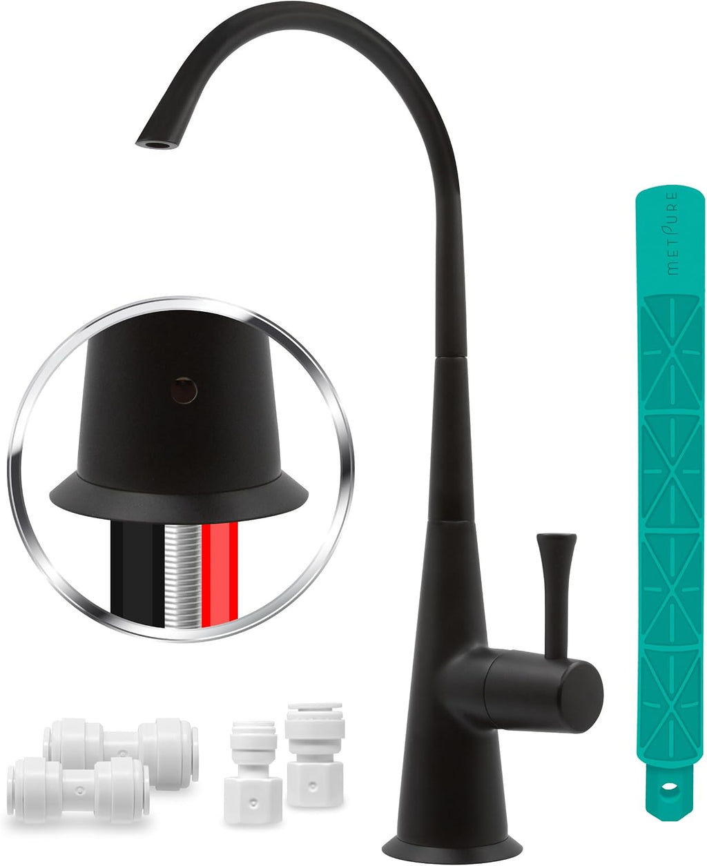 Metpure Airgap 3-Port Brass RO Faucet for Reverse Osmosis Drinking Water Systems. Features Pre-Installed Drain Tubes, Contemporary Design. Includes Wrench and Adapters. (Matte Black)