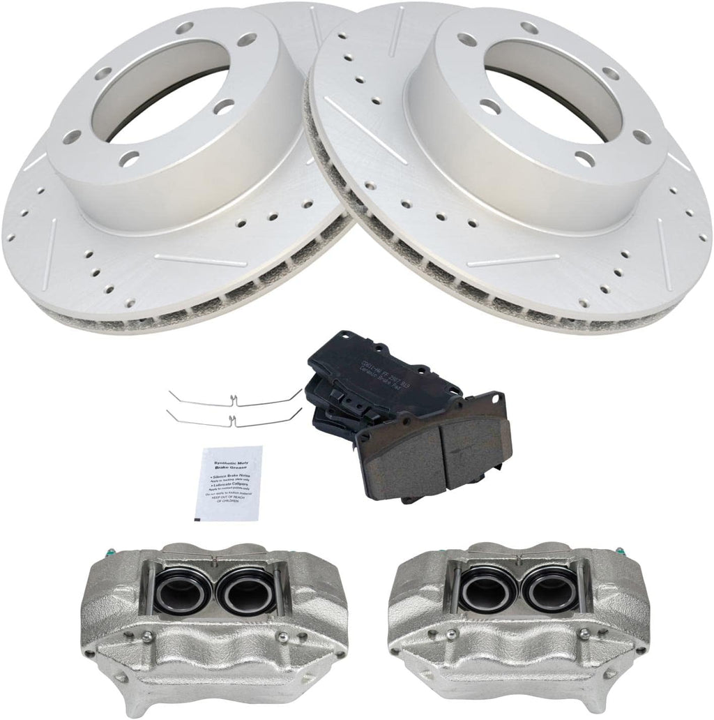 TRQ Performance Front Brake Pad and Rotor Set Ceramic Vented Slotted Drilled Coated Rotors Calipers Compatible with 1996-2000 Toyota 4Runner