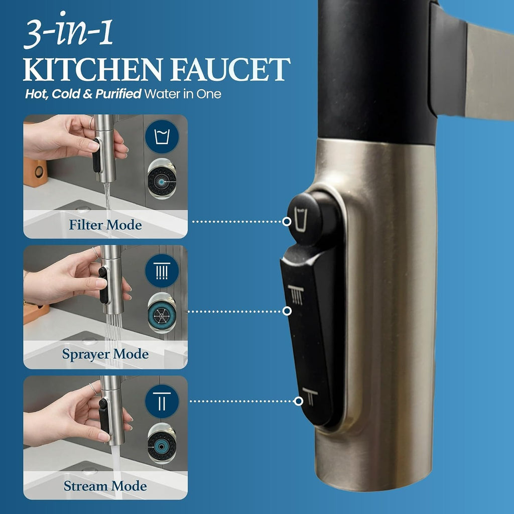 STiLWERK 3-in-1 Kitchen Sink Faucet with Pull-Out Sprayer, 3 Way Hot, Cold & Drinking Water Mixer, Magnetic Docking, Stainless Steel, Satin Stainless Finish