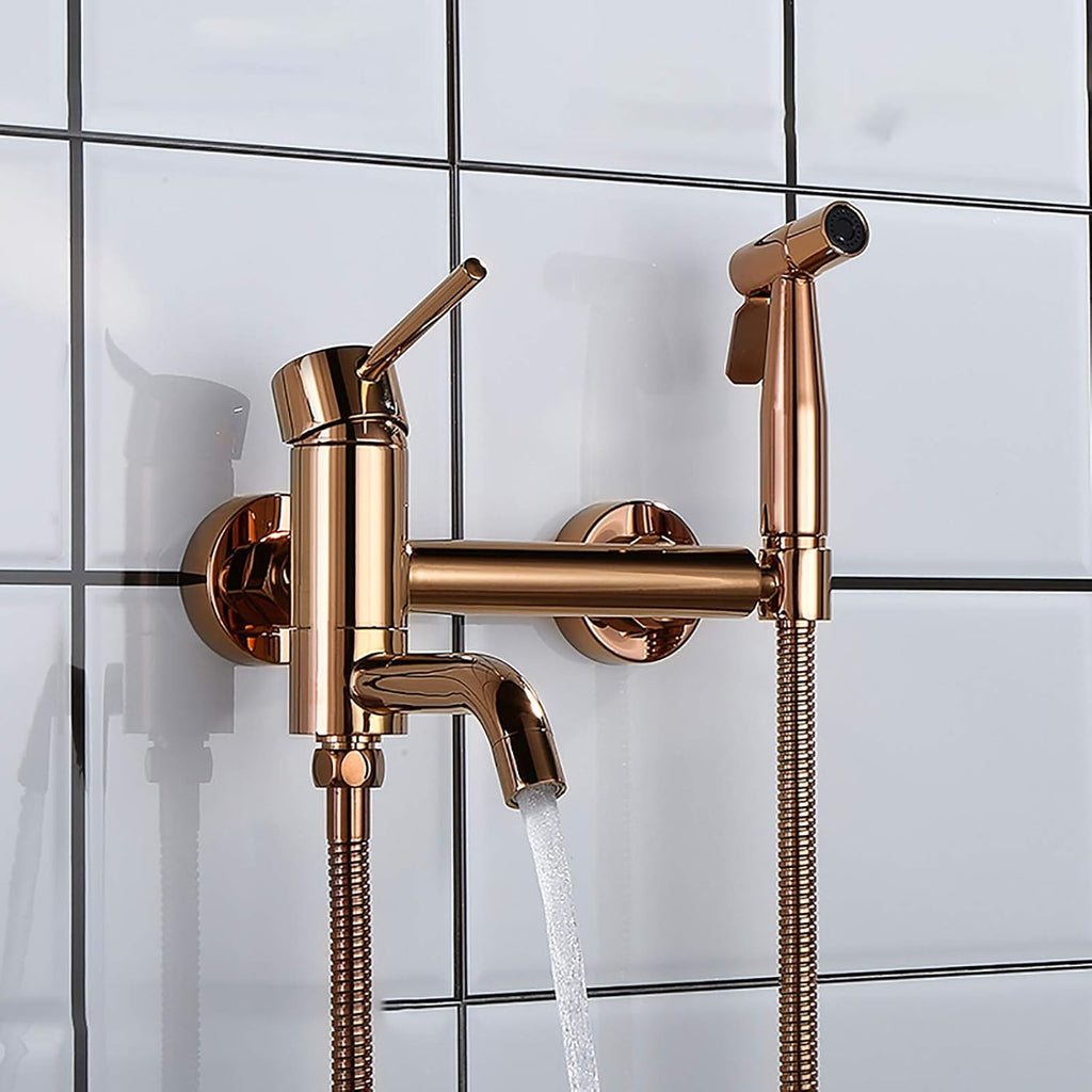 Rose Gold Handheld Bidet Sprayer for Toilet, Brass Bathroom Cloth Diaper Set with Cold and Hot Water, Wall Mounted Kit for Personal Hygiene
