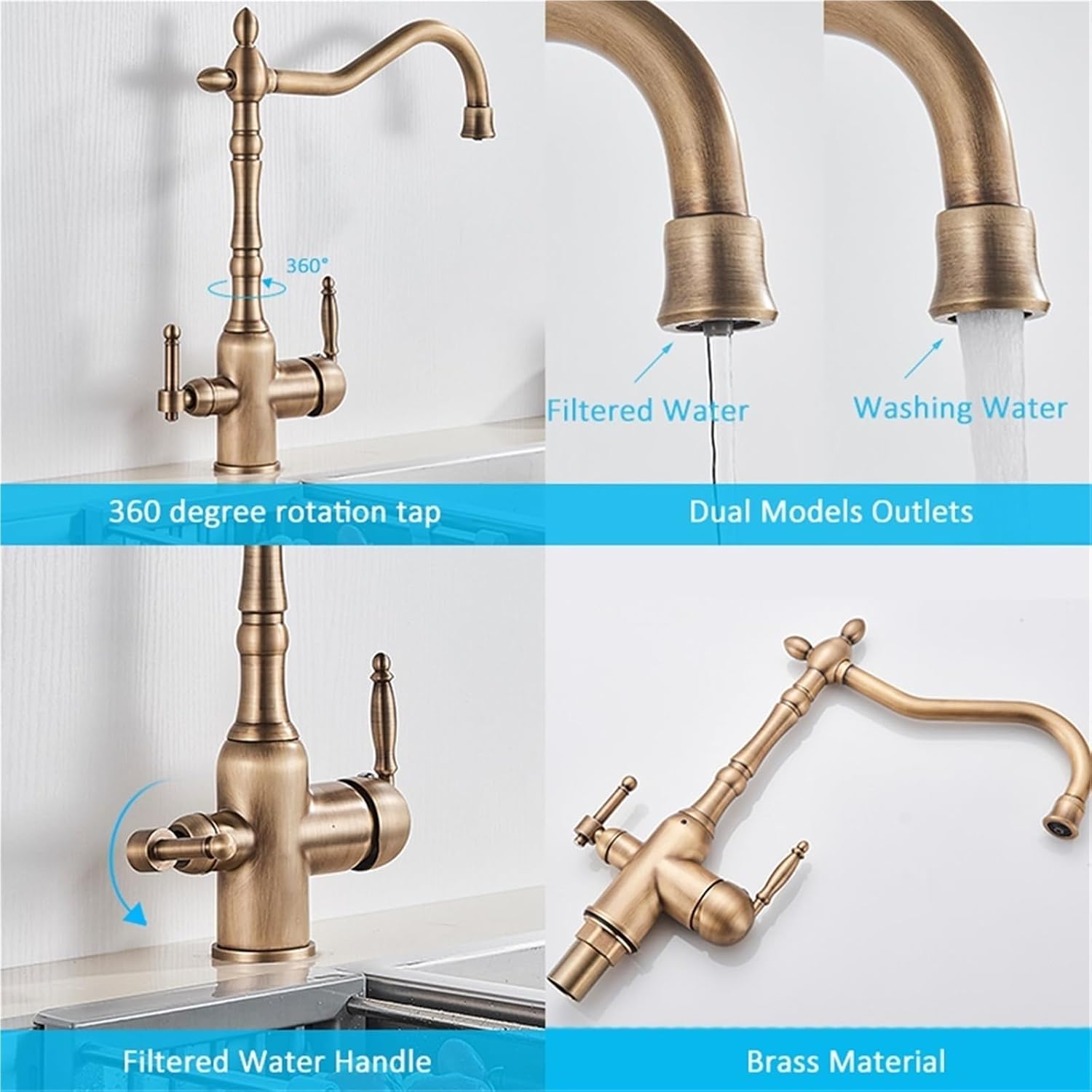 Antique Brass Filtered Kitchen Faucet Mixer Tap Hot Cold Water 360 Rotation Water Purification Water Crane Tap(Antique Brass)