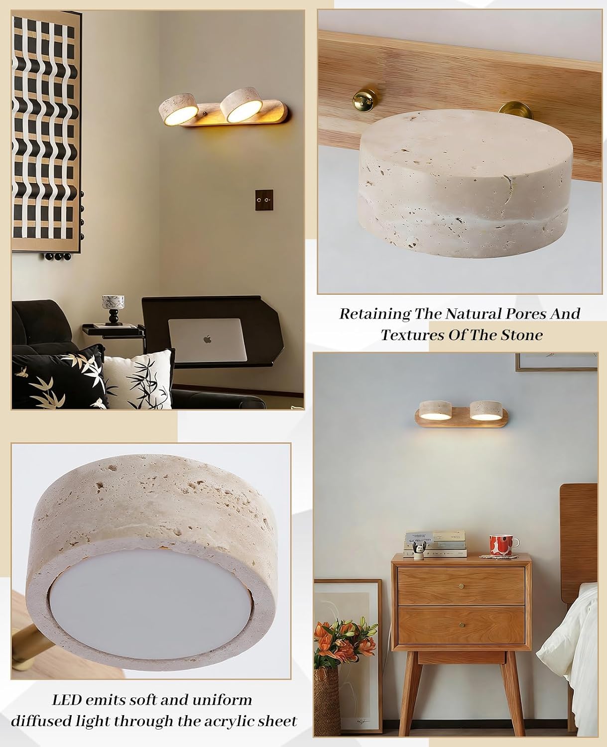 Natural Wood Vanity Light, 12.6 Inches Wabi Sabi Travertine Wall Sconce with 360° Rotatable Natural Stone Lampshade and Wooden Base Nordic Style Farmhouse Vanity Lights for Bathroom (2 Lights)