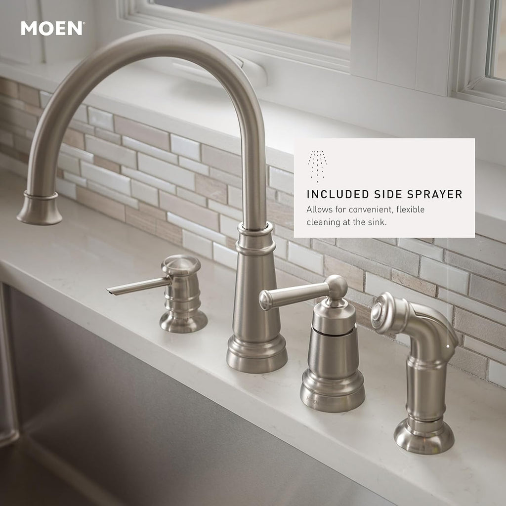 Moen Mediterranean Bronze One-Handle High Arc Widespread Kitchen Faucet, 4-Hole Setup with Soap Dispenser, 87042BRB