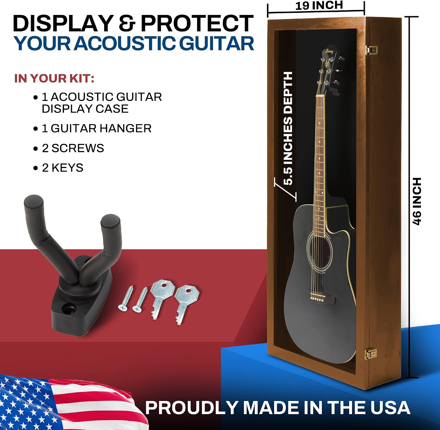 PENNZONI Acoustic Guitar Display Case - Hardwood & Acrylic - Walnut w/Black Felt - Wall Mount