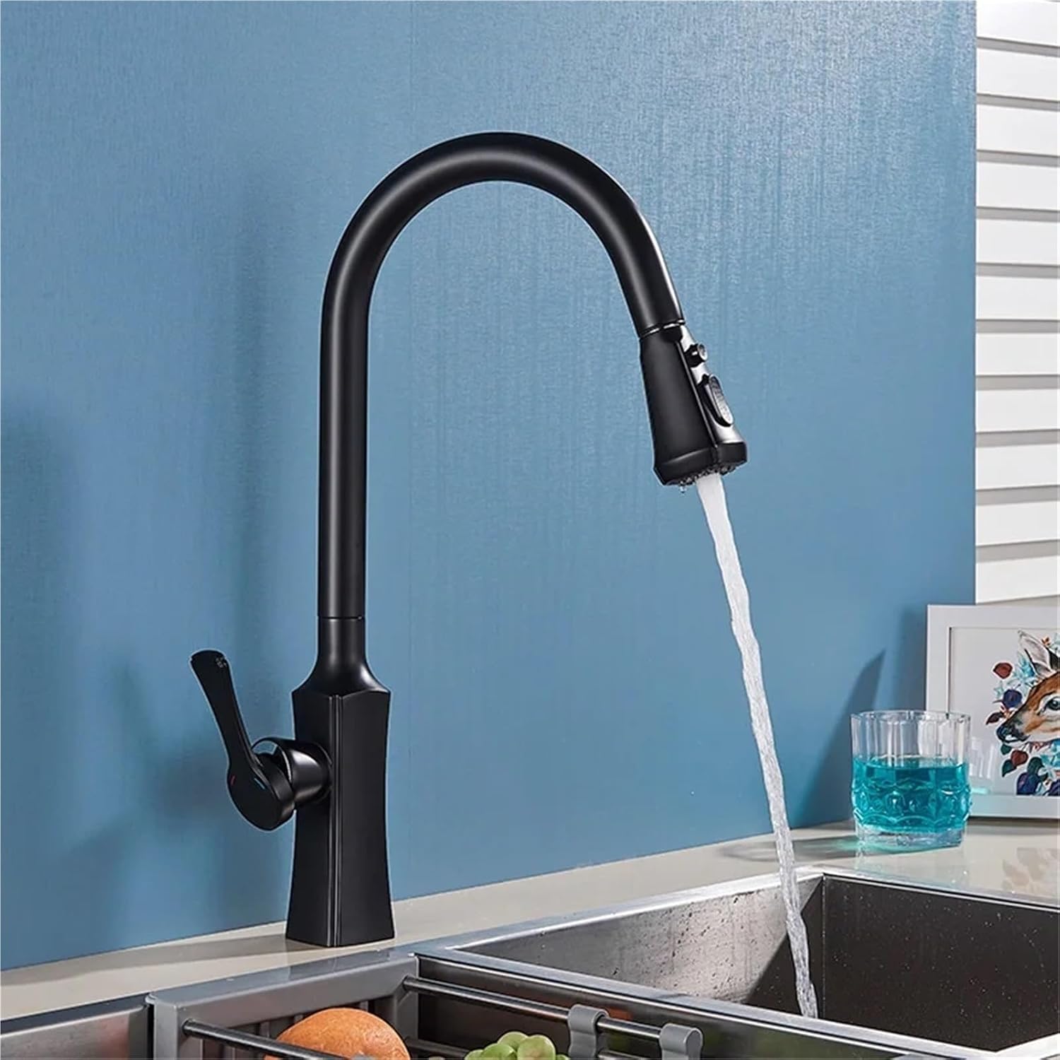 Kitchen Faucet Hot and Cold Water Mixer Faucet for Kitchen Pull Out Mixer Crane 2 Function Spout Brass Water Mixer(Black)