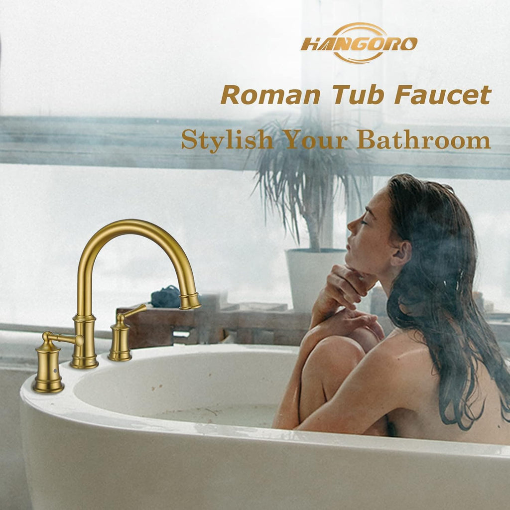 Brushed Gold Roman Tub Faucet, Antique Bathtub Faucet Set 3 Hole, High Flow Bath Tub Faucet 12-16 inch Widespread, Solid Brass Tub Filler 2 Handle 360° Swivel Spout Rough-in Valve(B2307-BG)