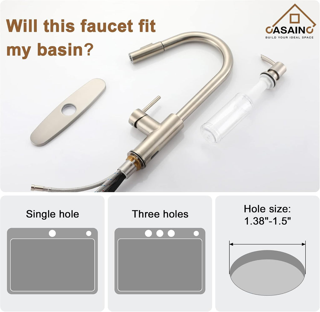 CASAINC Kitchen Faucet with Pull Down Sprayer Brushed Nickel, 1.8 gpm 16.89in H Touchless Motion Sensor Single Handle Kitchen Sink Faucet, Lead-Free Copper for Bar/Laundry/Kitchen Sink