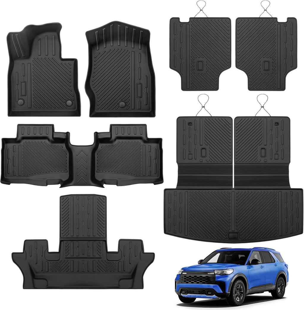 Floor Mats for 2020-2025 2026 Ford Explorer 6-Seat Captain Chairs All Weather TPE Cargo Mat with Backrest Mat for Ford Explorer Accessories 2025-2020 2026 Active/ST Line/ST/Platinum Black