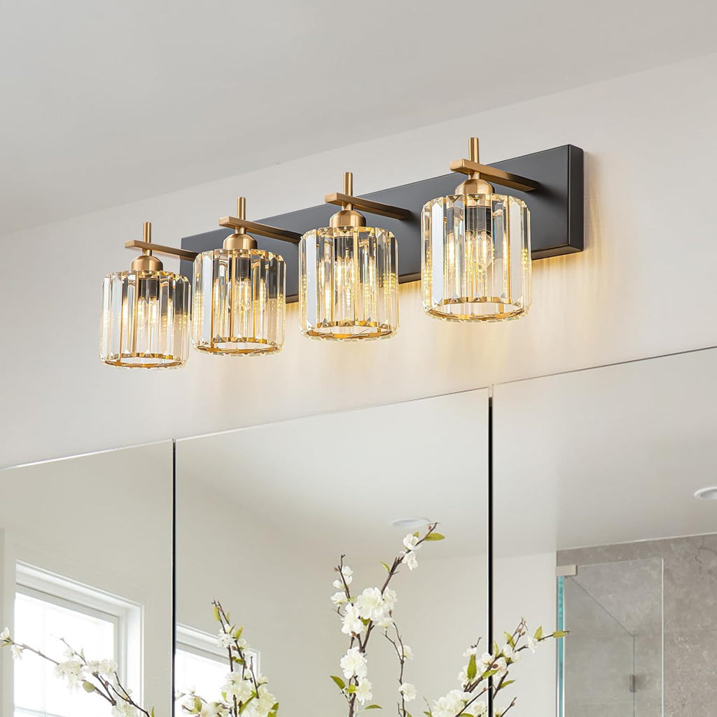 Black Gold Crystal Bathroom Vanity Light, Modern 4-Lights Bathroom Light Fixtures Over Mirror, Crystal Wall Lighting with Polished Gold Finish