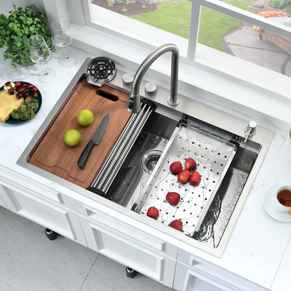 33 Inch Drop In Waterfall Kitchen Sink with Faucet Combo-Bokaiya 33x19 Drop In Sink with Cup Washer 16 Guage 10 Inch Deep Multifunctional Single Bowl Kitchen Sink Set