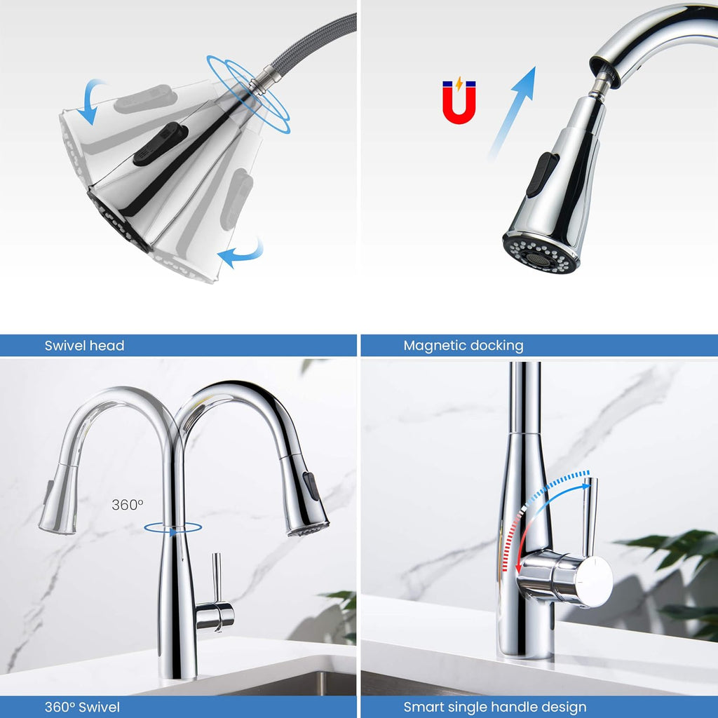 KIBI Bari Chrome Finish Single Handle Pull Down Kitchen and Bar Sink Faucet | Solid Brass High Arc Spout, 360 Degree Swivel, Durable Pull Down Sprayer with Dual Function (KKF2015CH)