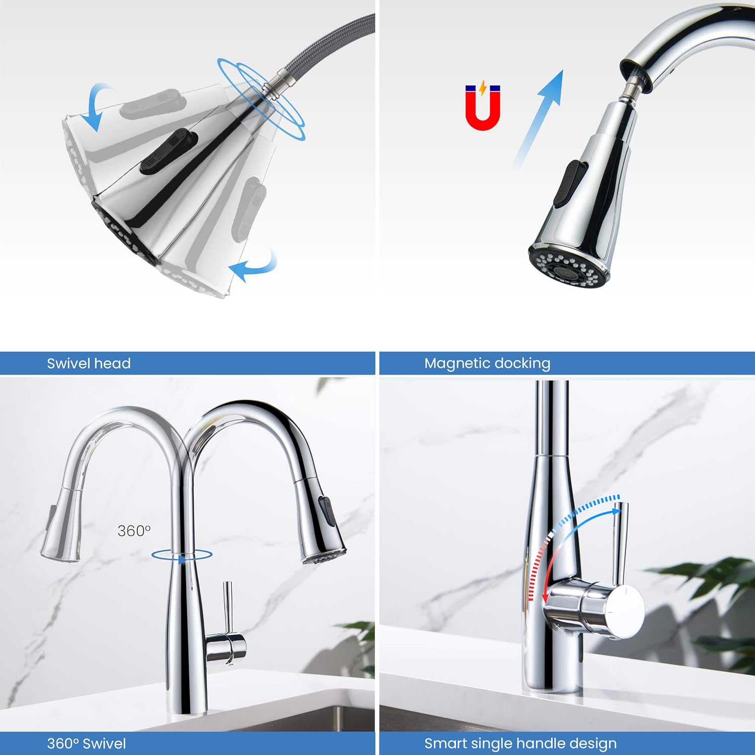 KIBI Bari Chrome Finish Single Handle Pull Down Kitchen and Bar Sink Faucet | Solid Brass High Arc Spout, 360 Degree Swivel, Durable Pull Down Sprayer with Dual Function (KKF2015CH)