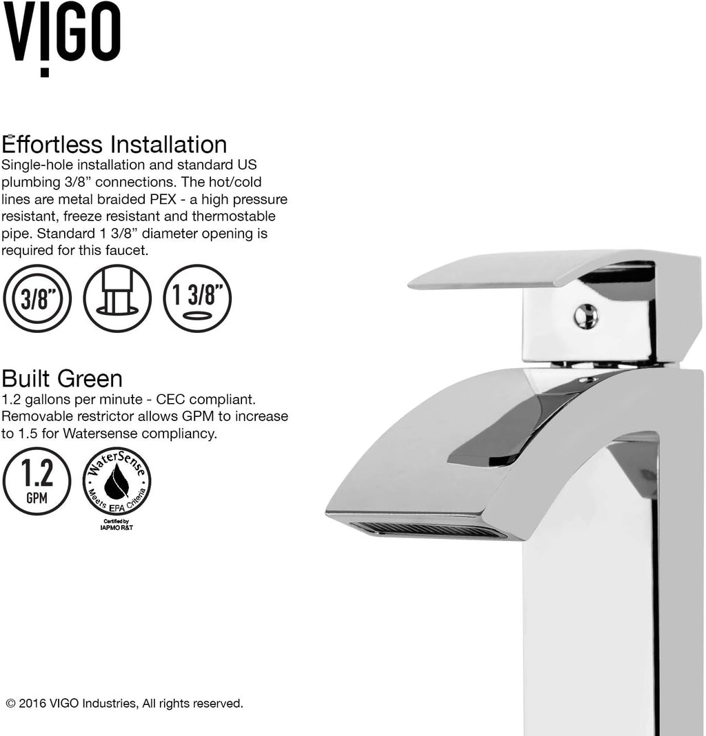 VIGO Satro Waterfall Single-Handle Single-Hole Mount Bathroom Sink Faucet, 7-Inch, Chrome, Modern Design, Solid Brass, 1.2 GPM WaterSense & Ceramic Disc Valve, Corrosion-Resistant