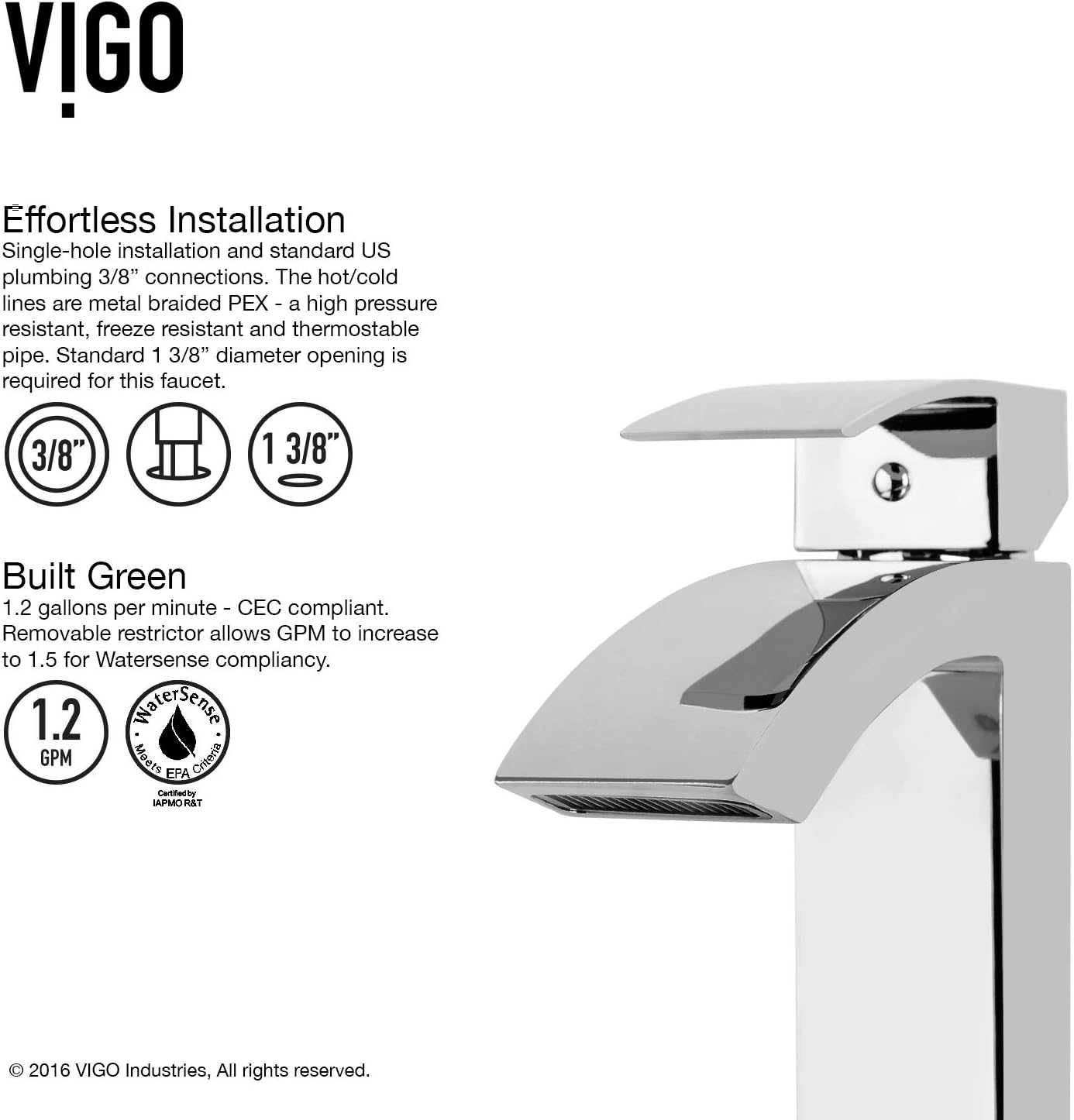 VIGO Satro Waterfall Single-Handle Single-Hole Mount Bathroom Sink Faucet, 7-Inch, Chrome, Modern Design, Solid Brass, 1.2 GPM WaterSense & Ceramic Disc Valve, Corrosion-Resistant
