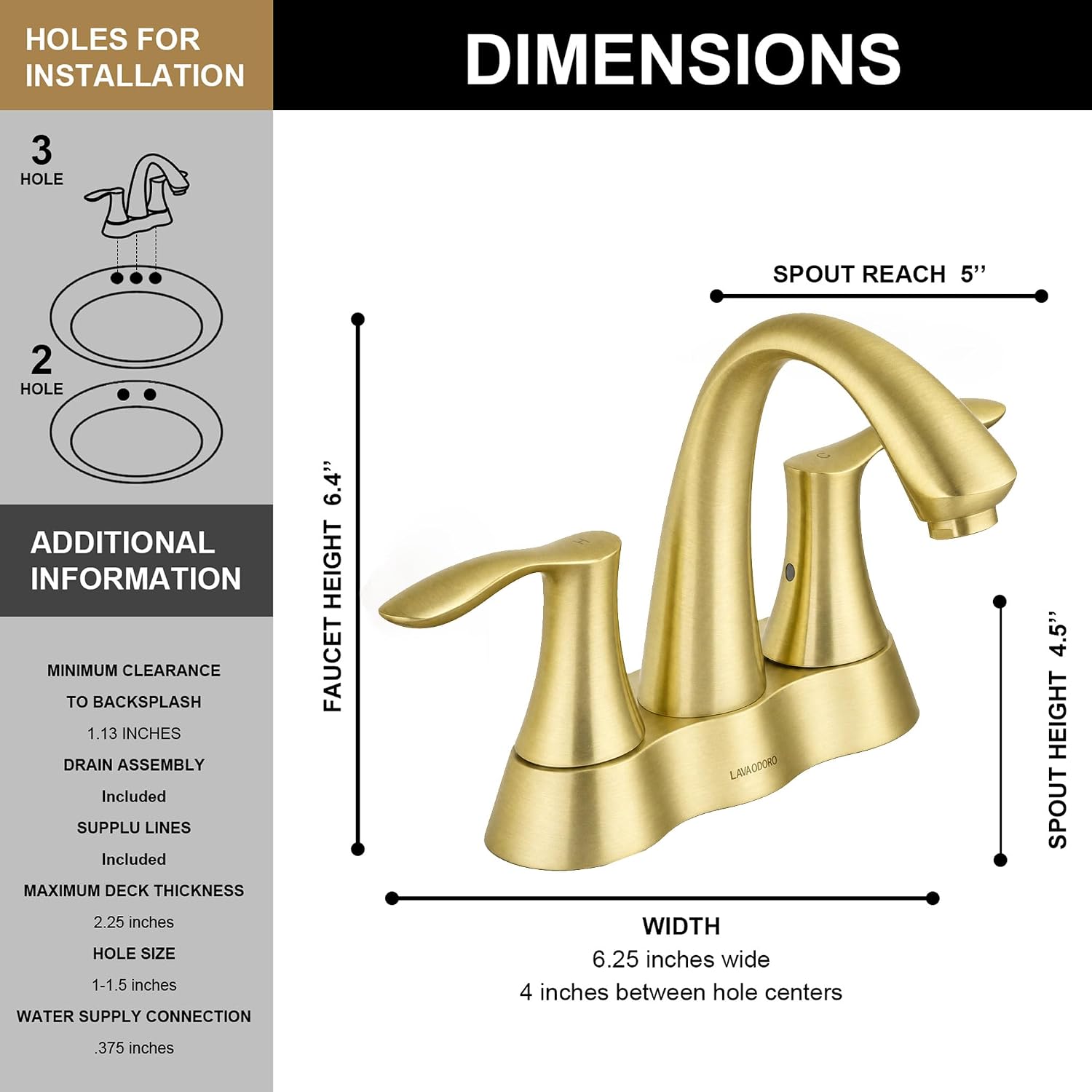 Lava Odoro Brushed Gold Bathroom Faucet 3 Hole, 2 Handle Bathroom Sink Faucet, 4 Inch Centerset Bathroom Faucet with Drain Assembly, BF423-SG