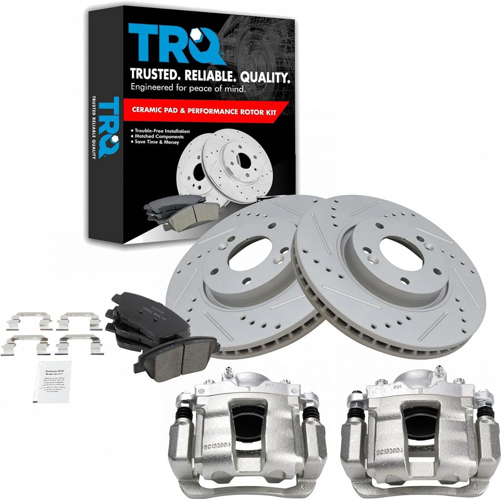 TRQ Performance Front Brake Pad and Rotor Set Ceramic Vented Coated Rotors Calipers Compatible with 2011-2015 Hyundai Sonata 2011-2016 Kia Optima