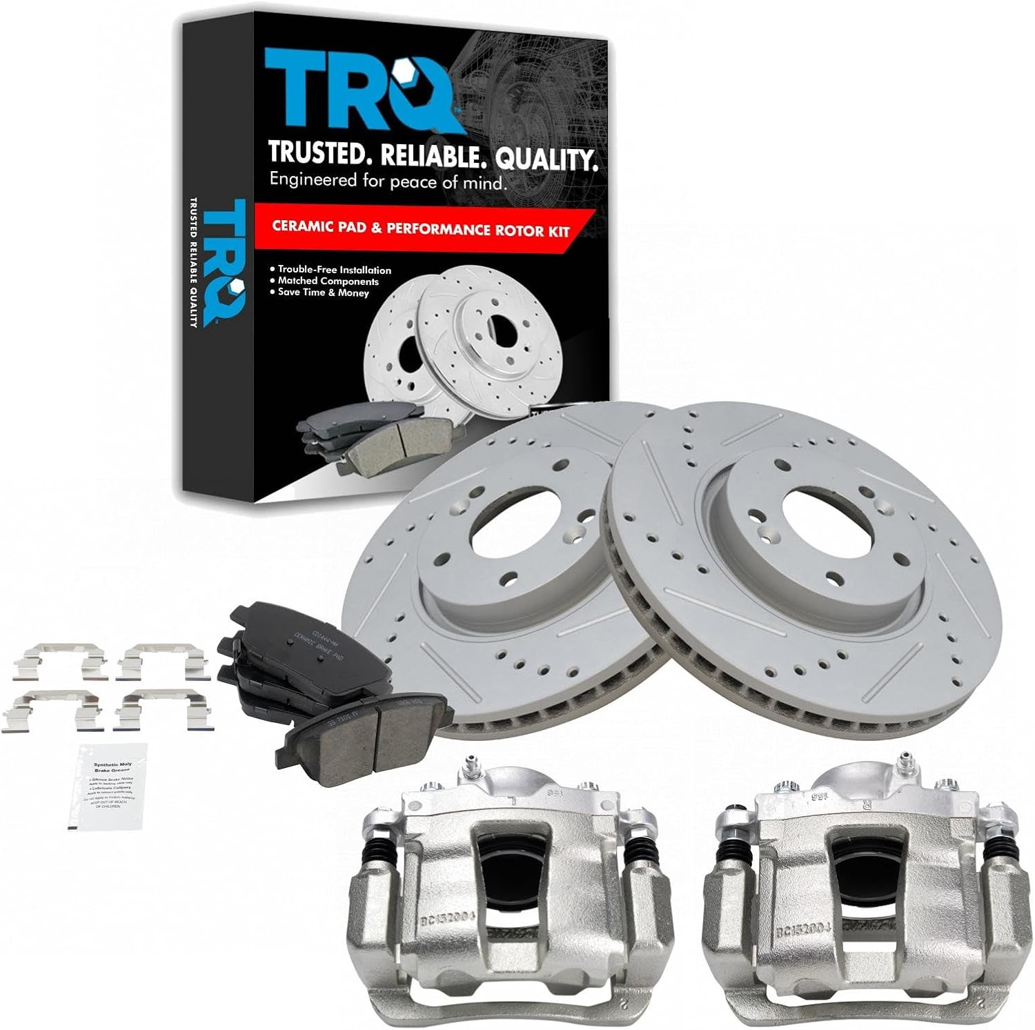 TRQ Performance Front Brake Pad and Rotor Set Ceramic Vented Coated Rotors Calipers Compatible with 2011-2015 Hyundai Sonata 2011-2016 Kia Optima