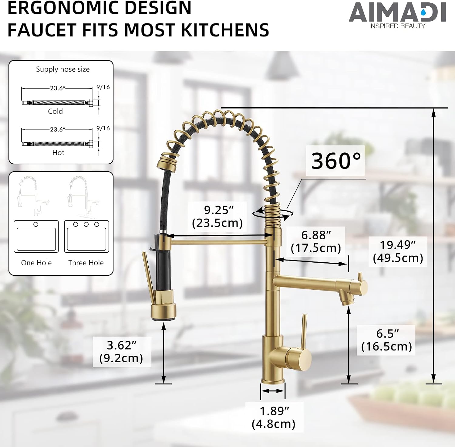 Brushed Gold Kitchen Faucet with Pull Down Sprayer, AIMADI Commercial Gold Kitchen Sink Faucet Single Handle Spring Two Nozzles Faucets