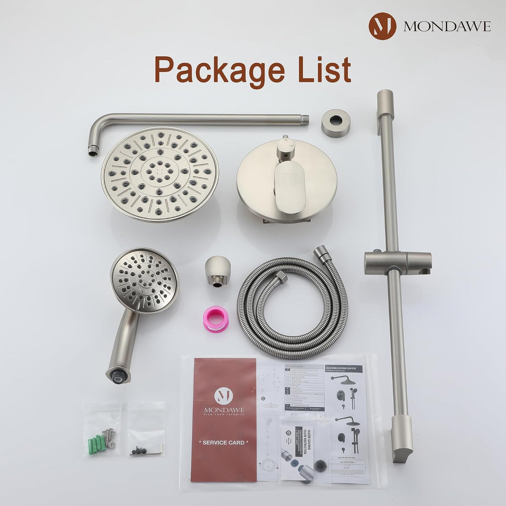 MONDAWE 8 Inch Wall Mounted Shower Faucet Set in Brushed Nickel, Rainfall Shower Head with 3-Setting Handheld Spray Shower Set Combo, High Pressure Shower System with Solid Brass Valve