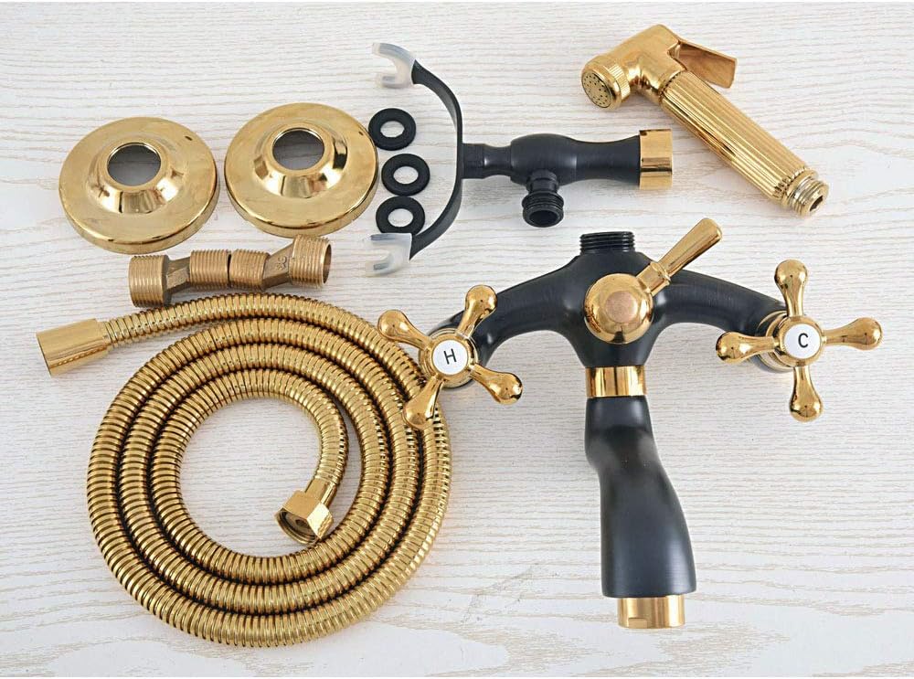 Bathtub Faucet with Cold and Hot Water Wall Mounted Brass Shower Tap Dual Handle Set with Bidet Spray Head, Spout, Gold and Black