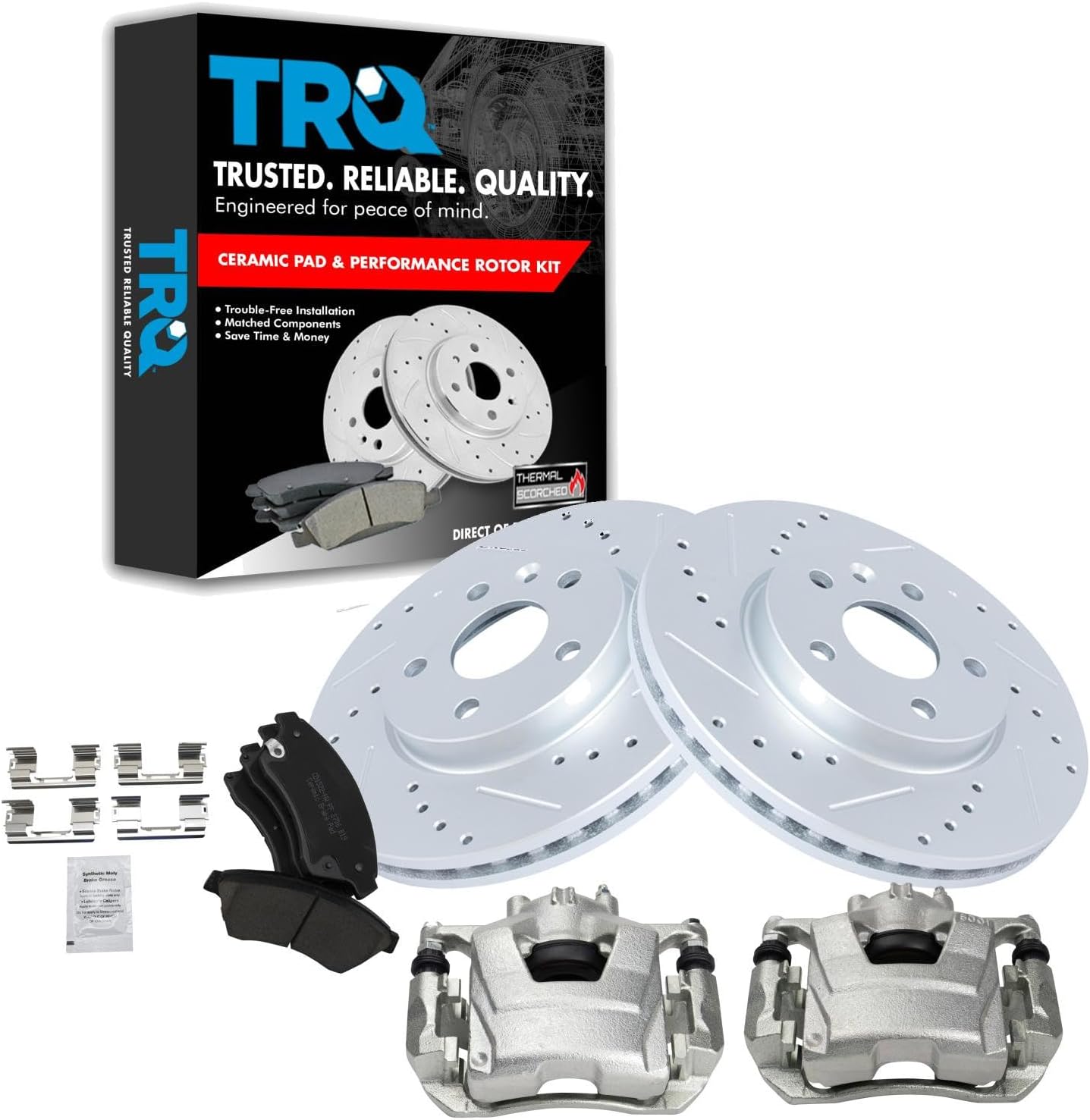 TRQ Performance Front Brake Pad and Rotor Set Ceramic Vented G Coated Rotors Calipers Compatible with 2011-2015 Chevrolet Cruze 2016 Cruze Limited 2012-2017 Sonic