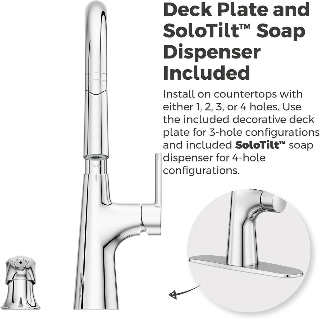 Pfister Tasso Kitchen Faucet with Pull Down Sprayer and Soap Dispenser, Single Handle, High Arc, NSF Certified, Polished Chrome Finish, F5297TSOC