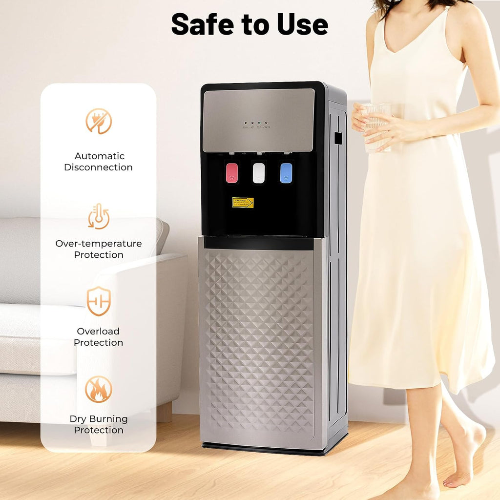 Bottom Loading Water Dispenser with Hot, Cold & Room Temperature Water - 500W Heating & 90W Cooling - Safe, Energy-Saving & User-Friendly Design for Home, Office (Silver Grey)