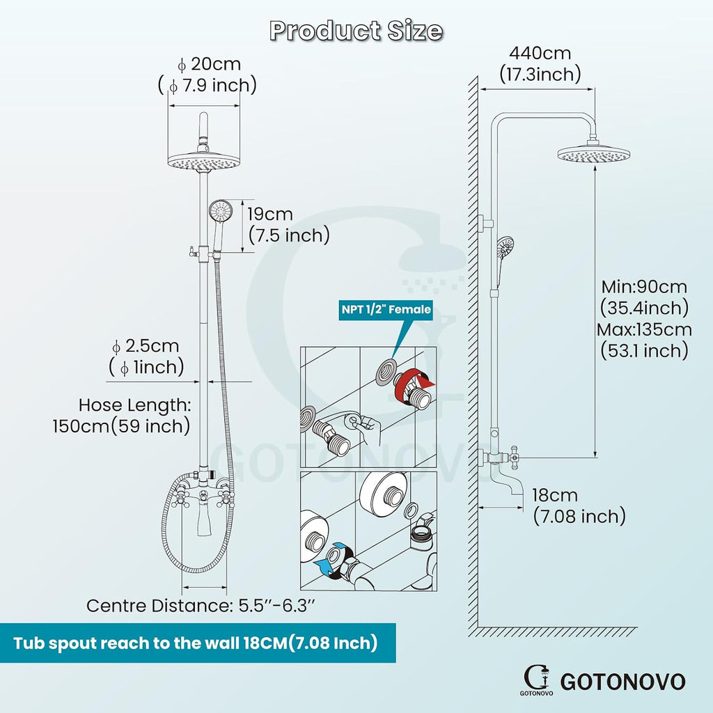 gotonovo Exposed Shower Faucet Set 8 Inch Rainfall Showerhead 3-Function Shower Fixture with Tub Spout 2 Corss Handles Shower System, Matte Black