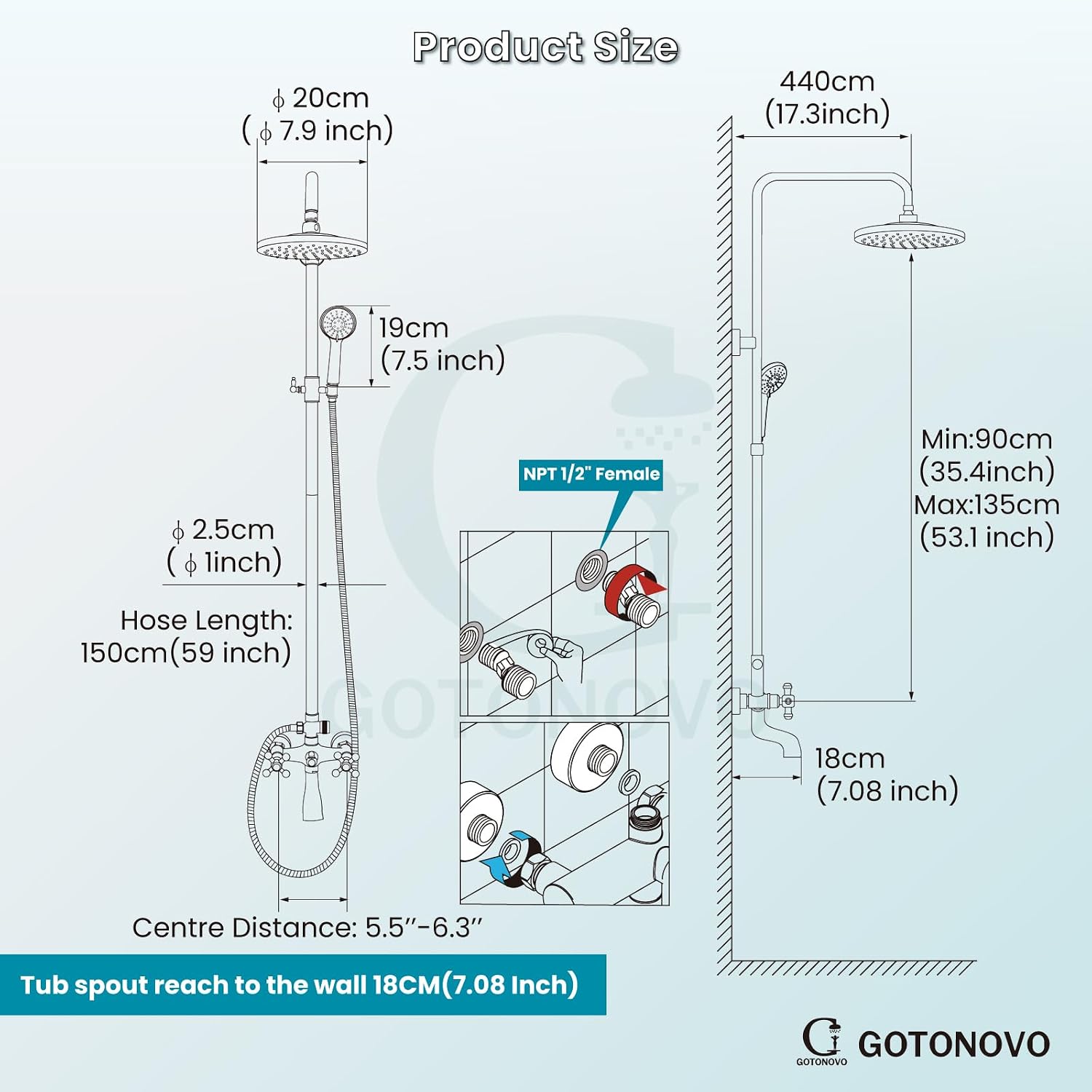 gotonovo Exposed Shower Faucet Set 8 Inch Rainfall Showerhead 3-Function Shower Fixture with Tub Spout 2 Corss Handles Shower System, Matte Black
