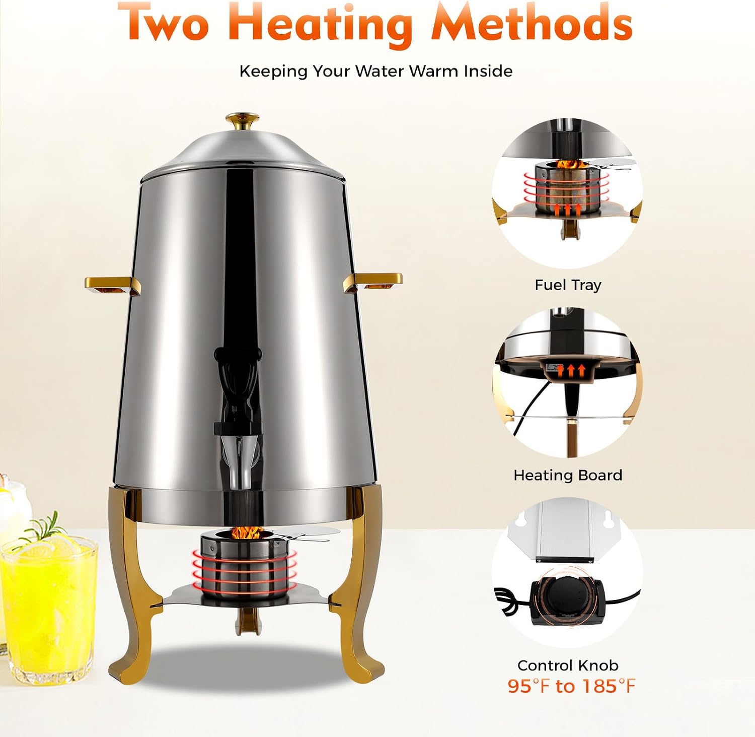 13L/3.4 Gal Hot Beverage Dispenser Can with Faucet,110V Electric Coffee Urn with 2 Heating Methods,95-185℉ Stainless Steel Hot Drinks Dispenser for Hotel Restaurant (Silver + Gold)