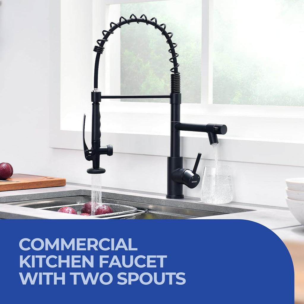 WEWE Black Kitchen Faucet with Pull Down Sprayer, Kitchen Sink Faucet with Pot Filler Single Handle Commercial High Arc Stainless Steel Matte Black for Bar Laundry RV Utility Sink