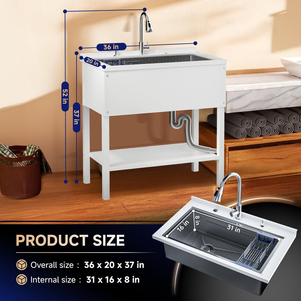 Stainless Steel Utility Sink,36' Laundry Freestanding Sink with Cold and Hot Water Faucet,Commercial Single Bowl Laundry Room Utility Sink for Kitchens, Garage, Bathrooms