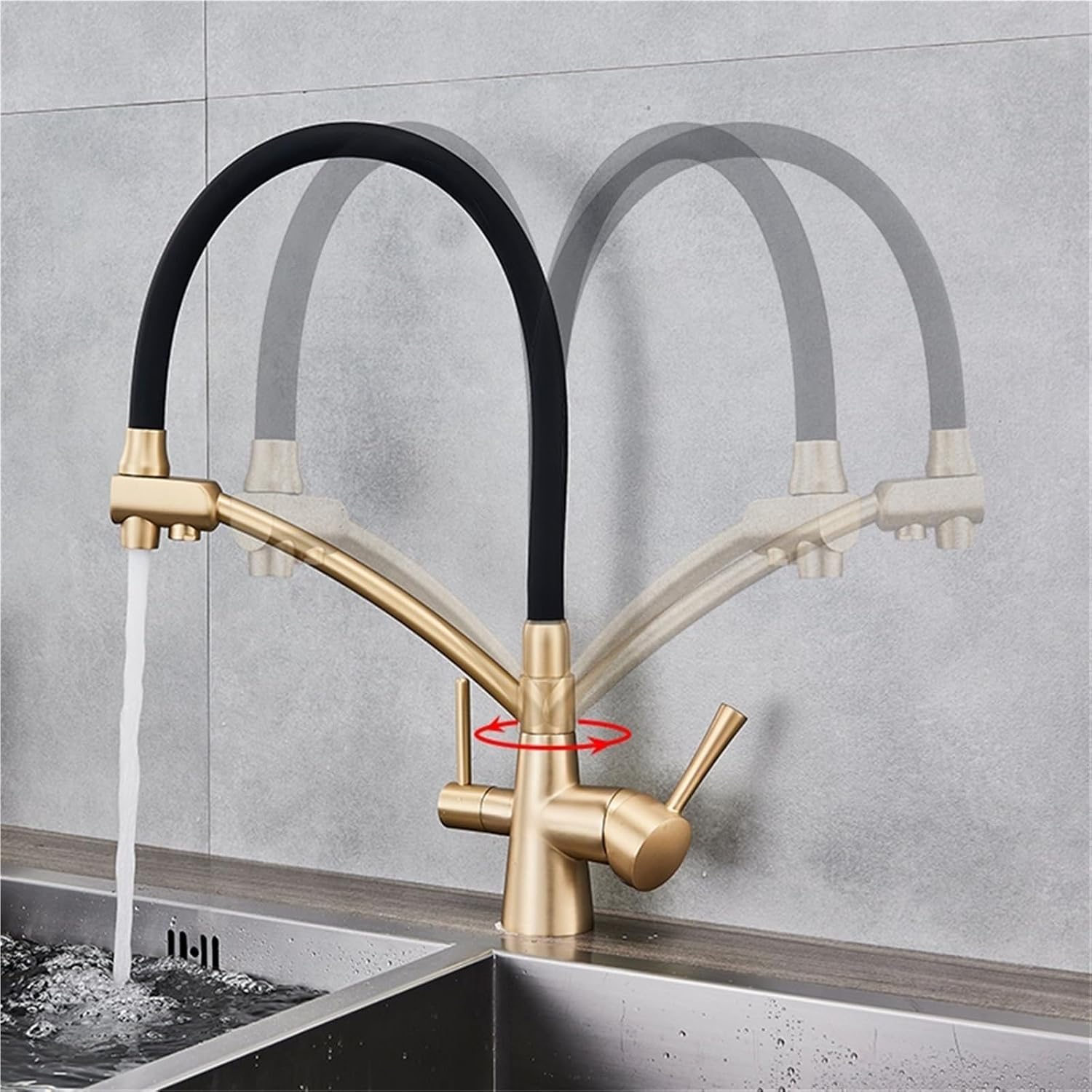 Filter Purification Flexible Rotated Kitchen Faucet Dual Spout Dual Handles Mixer Tap Hot and Cold Pure Water Mixer(Brushed Nickle A)