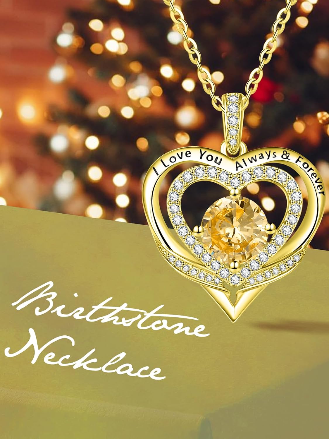 14K Gold Heart Necklaces for Women with Birthstone Pendant ，Double Hearts Necklace Jewelry Gift for Girlfriend Mom Anniversary Birthday Adjustable Chain 18' + 2' 'I Love You Always & Forever