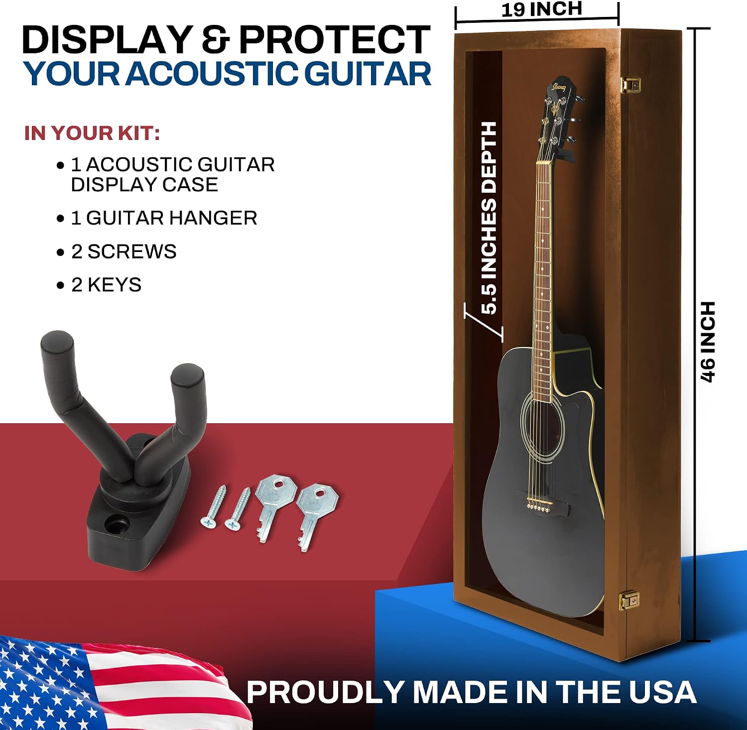 PENNZONI Acoustic Guitar Display Case - Acrylic Acoustic Guitar Case - Guitar Display Case Wall Mount Made from Hardwood Frame & Clear Acrylic - Walnut w/No Felt
