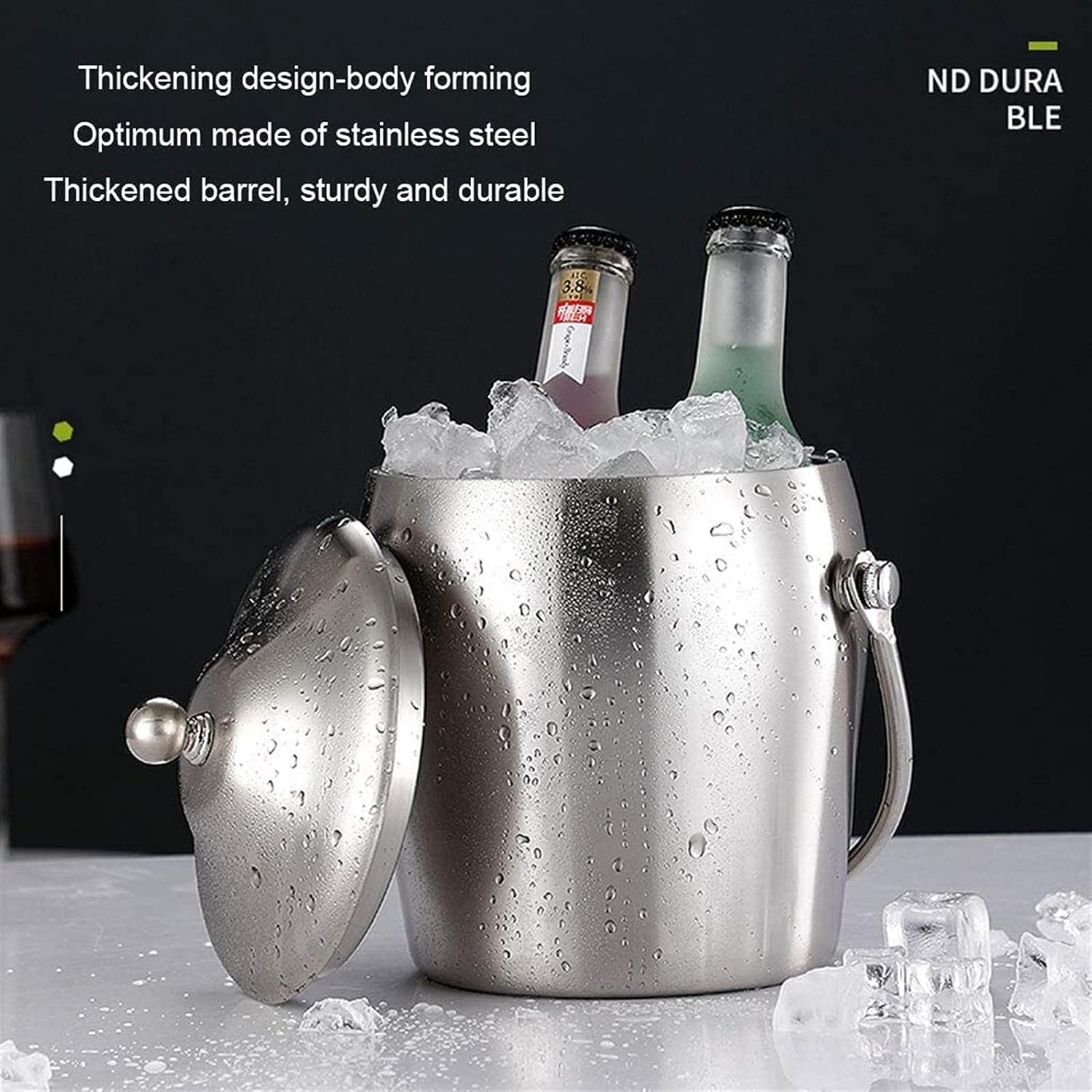 Ice Bucket,Ice Bucket,Stainless Steel Insulated Double Wall Bar Set Included Lid Great for Home Bar Chilling Beer Champagne and Wine 2L