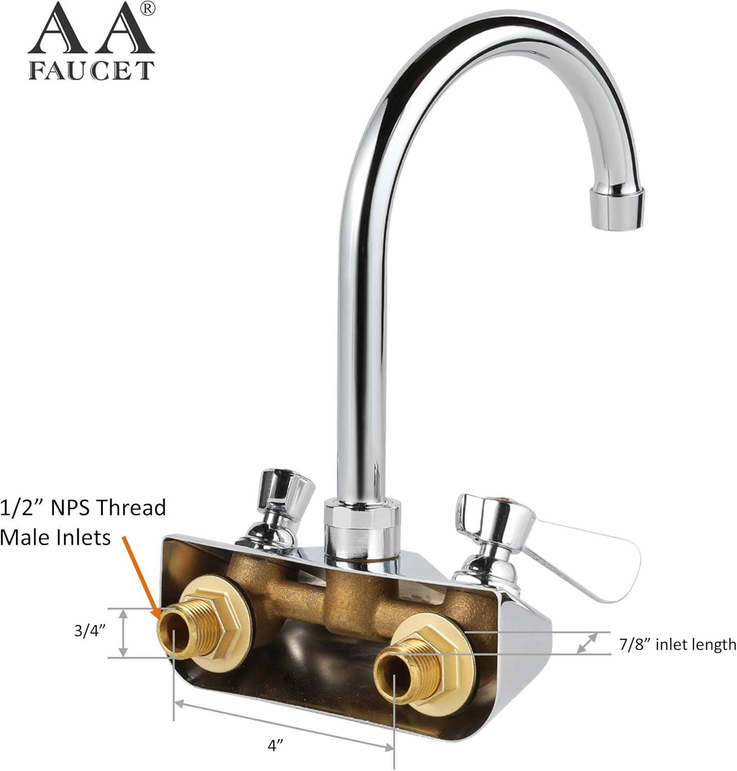 AA-401G Commercial Wall Mount Faucet Base with Heavy Duty 8-1/4' Gooseneck Spout