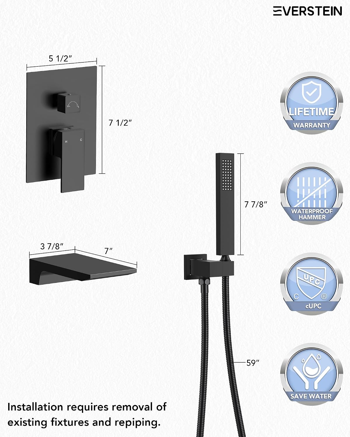 Wall Mounted Bathtub Shower Faucet Set, Bathroom Shower Fixtures Set Combo with Tub Spout and Handheld Shower Head Spray, Matte Black