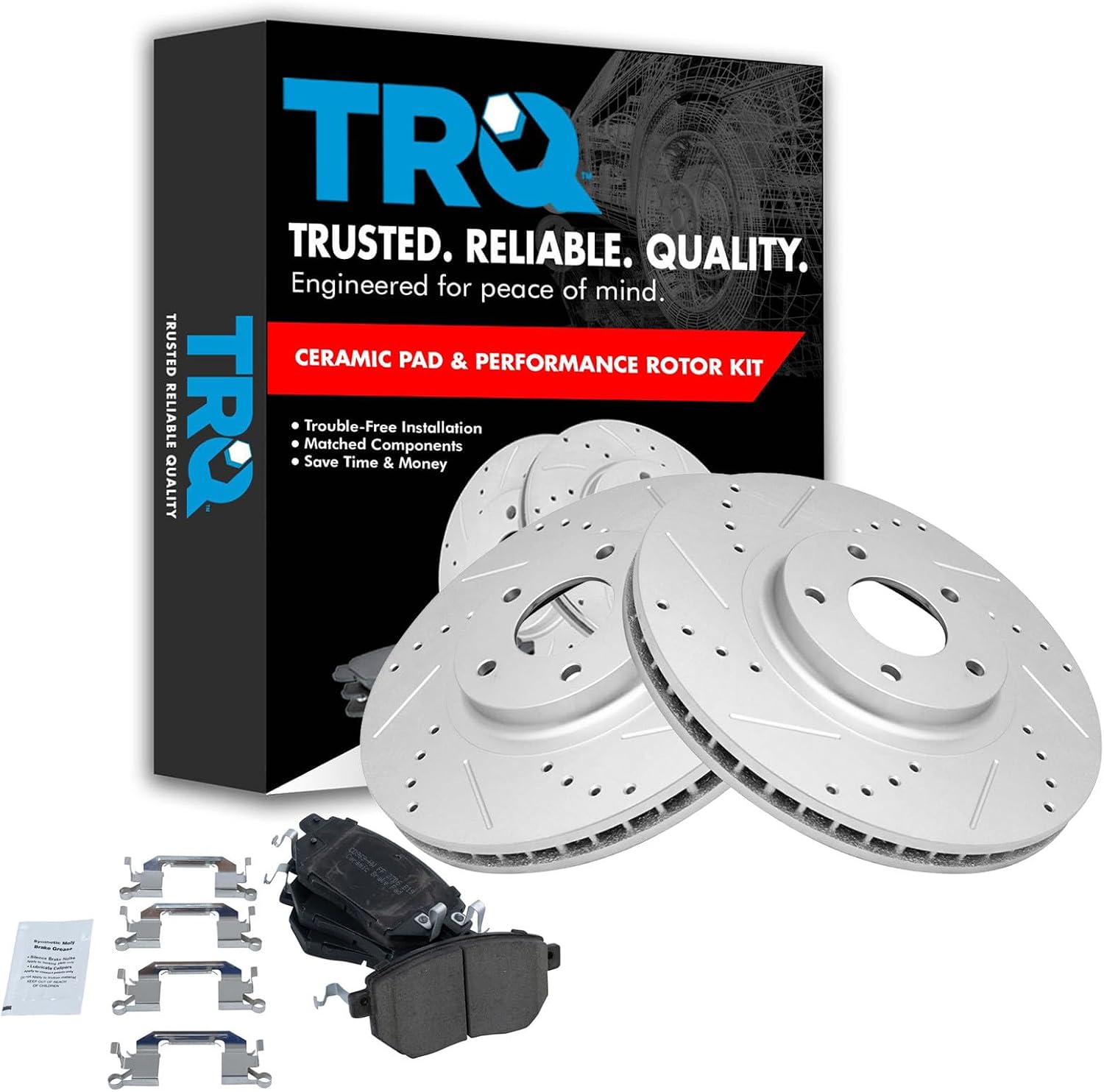 TRQ Performance Front Brake Pad and Rotor Set Ceramic Drilled Slotted G Coated Vented Rotors Compatible with 2003-2007 Nissan Murano